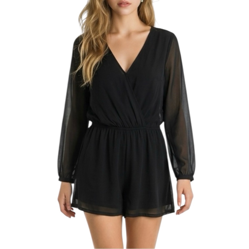 Express Black V-Neckline Elastic Waist Chiffon Romper w Sheer Long Cuff Sleeves